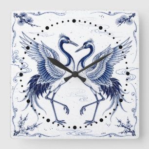 Crane Dance Japanese Imari Ware Style Blue White Square Wall Clock