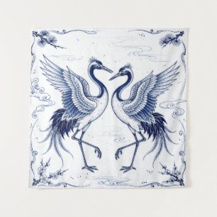 Crane Dance Japanese Imari Ware Style Blue White Tapestry