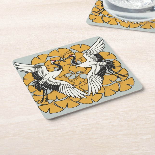 Crane & Ginkgo Square Paper Coaster (Angled)