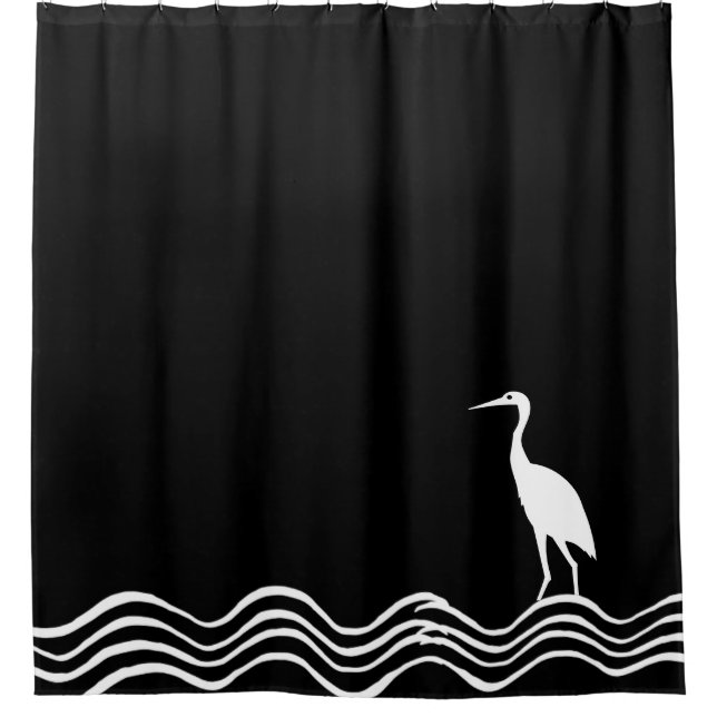 Crane heron Bath Black and white Shower Curtain (Front)