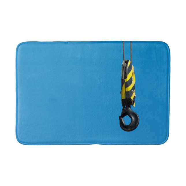 Crane hook with yellow and black stripes hanging bath mat (Front)