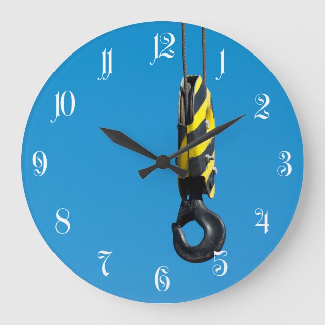 Crane hook with yellow and black stripes hanging large clock (Front)