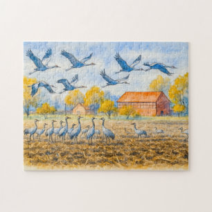 Crane in field rhinow aquarell havelland jigsaw puzzle