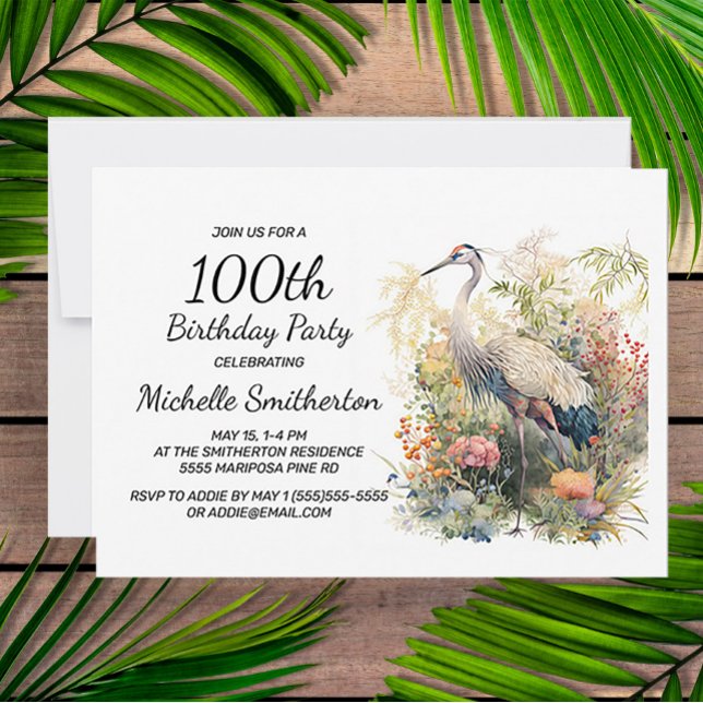 Crane Leaves Foliage Floral 100th Birthday Invitation (Creator Uploaded)