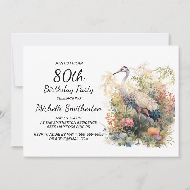 Crane Leaves Foliage Floral 80th Birthday Invitation (Front)