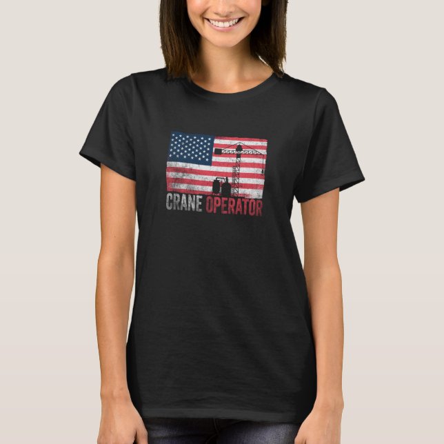 Crane Operator American Flag Excavator T-Shirt (Front)