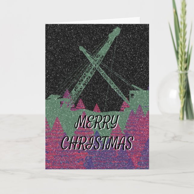 Crane Operator Friction Rigs Snowy Christmas Holiday Card (Front)