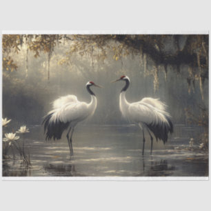 Crane Pair in a Misty Marsh Decoupage Tissue Paper