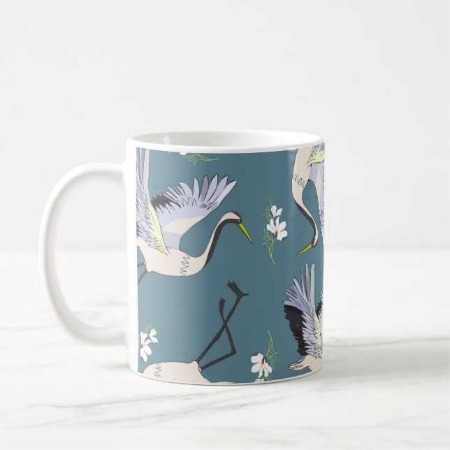 Crane Pattern, Illustration Flying Bird. Coffee Mug (Left)