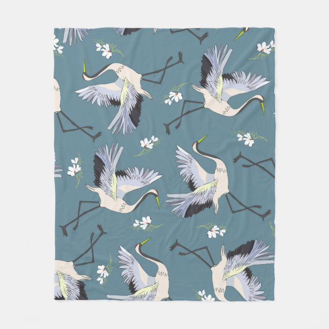 Crane Pattern, Illustration Flying Bird. Fleece Blanket (Front)