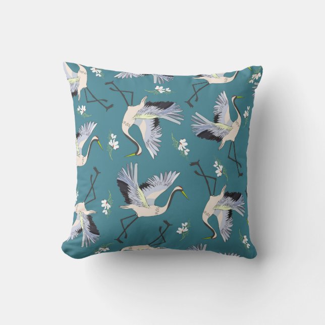 crane, pattern, illustration flying bird flower cushion (Front)
