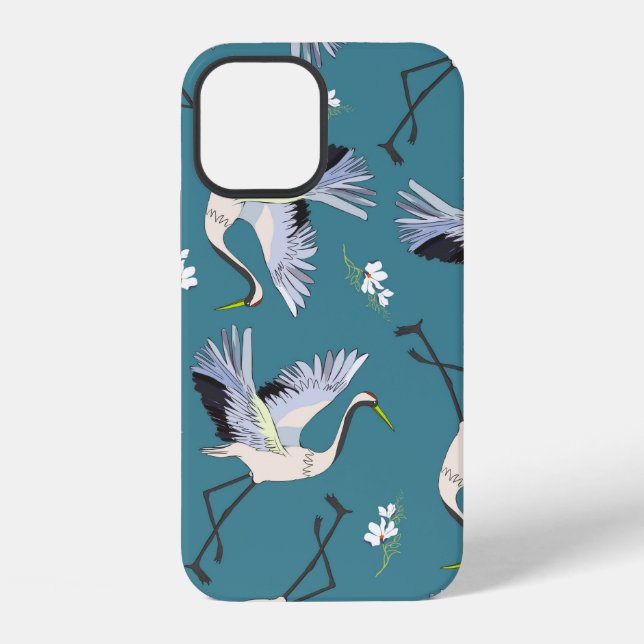crane, pattern, illustration flying bird flower iPhone case (Back)
