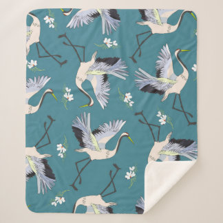 crane, pattern, illustration flying bird flower sherpa blanket