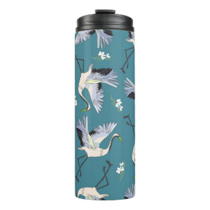 crane, pattern, illustration flying bird flower thermal tumbler