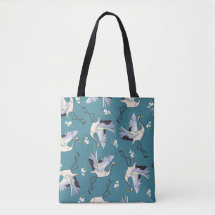 crane, pattern, illustration flying bird flower tote bag