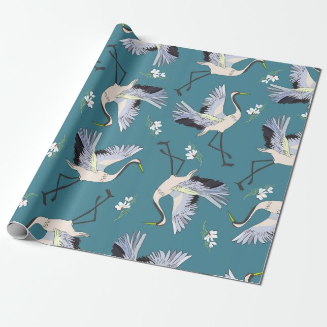 crane, pattern, illustration flying bird flower wrapping paper (Unrolled)