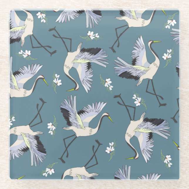Crane Pattern, Illustration Flying Bird. Glass Coaster (Front)