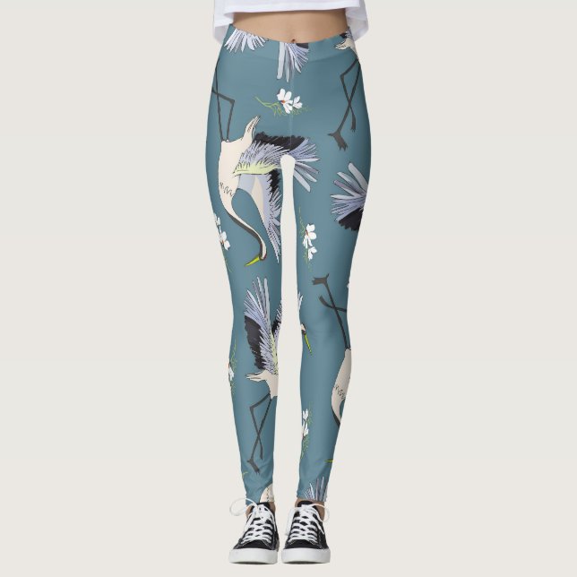 Crane Pattern, Illustration Flying Bird. Leggings (Front)