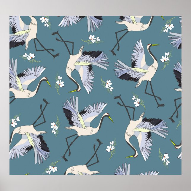 Crane Pattern, Illustration Flying Bird. Poster (Front)