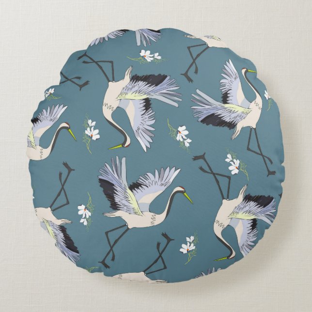 Crane Pattern, Illustration Flying Bird. Round Cushion (Front)