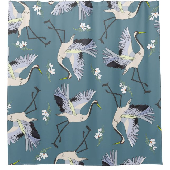 Crane Pattern, Illustration Flying Bird. Shower Curtain (Front)