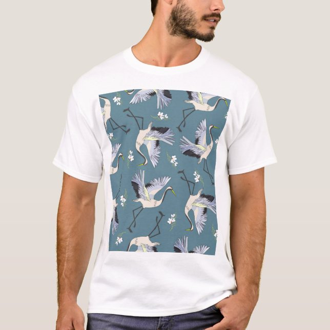 Crane Pattern, Illustration Flying Bird. T-Shirt (Front)