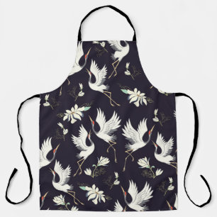 crane, pattern, vintage illustration flying bird f apron