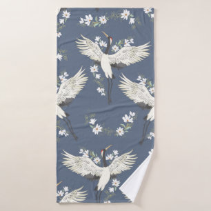 crane, pattern, vintage illustration flying bird f bath towel