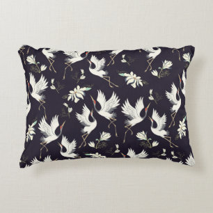 crane, pattern, vintage illustration flying bird f decorative cushion