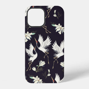crane, pattern, vintage illustration flying bird f iPhone 12 case
