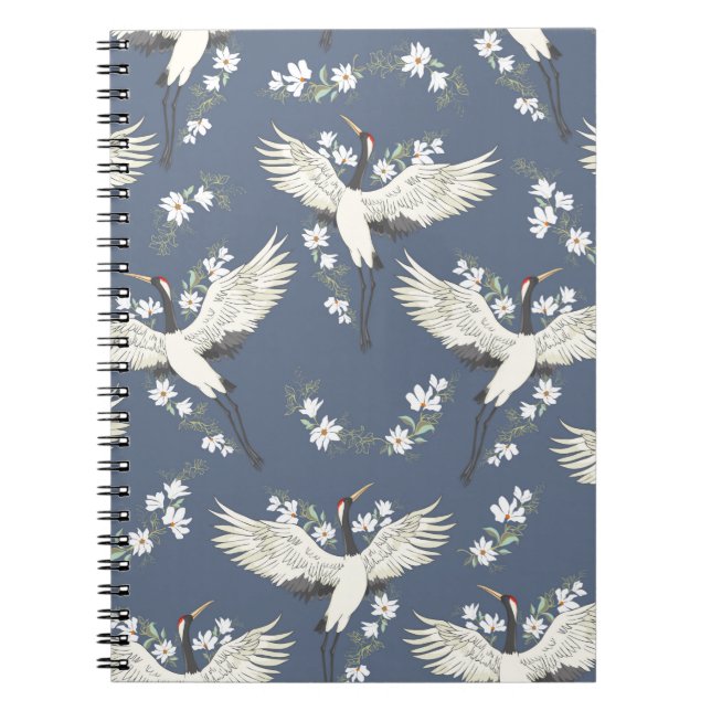 crane, pattern, vintage illustration flying bird f notebook (Front)