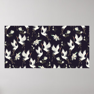 crane, pattern, vintage illustration flying bird f poster
