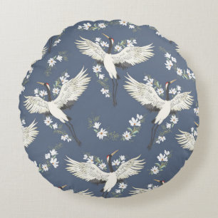crane, pattern, vintage illustration flying bird f round cushion