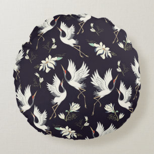crane, pattern, vintage illustration flying bird f round cushion