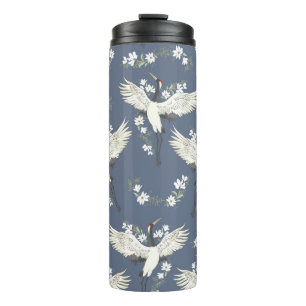crane, pattern, vintage illustration flying bird f thermal tumbler