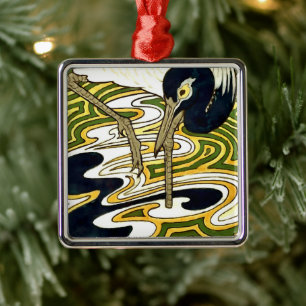 Crane Tile from 1800s Crane and Columbine Panel  Metal Ornament