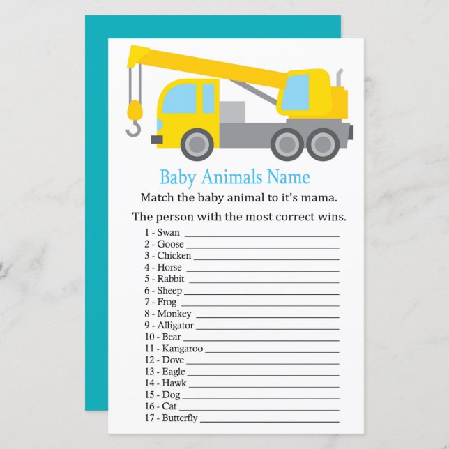 Crane Truck Baby Animals Name Game (Front/Back)