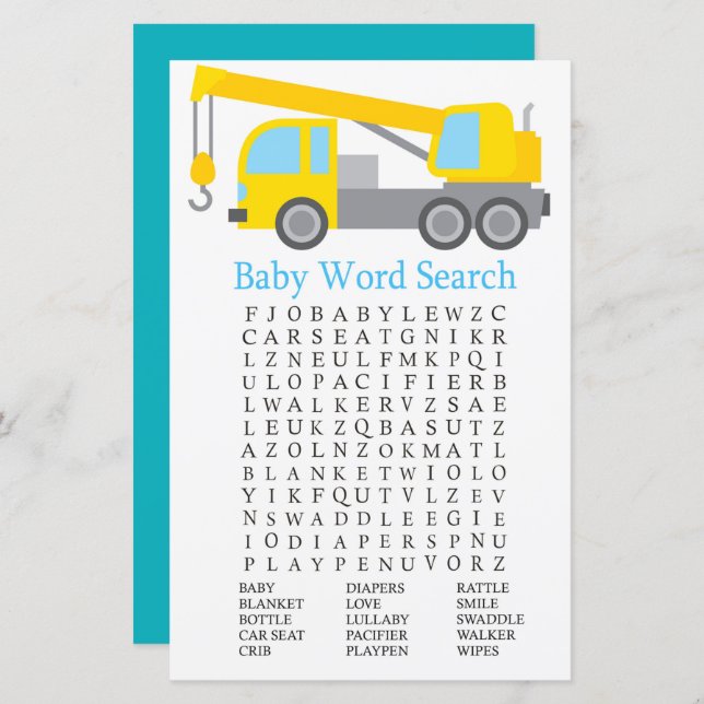 Crane Truck Baby Shower Word Search Game (Front/Back)