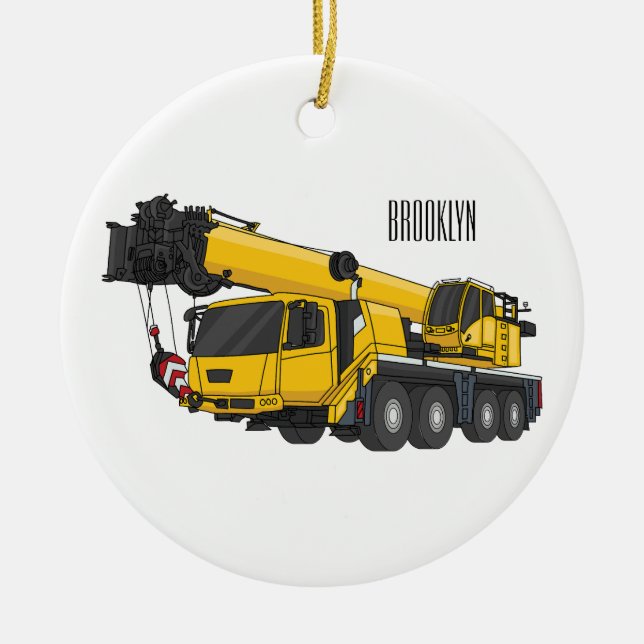 Crane truck cartoon illustration ceramic ornament (Front)