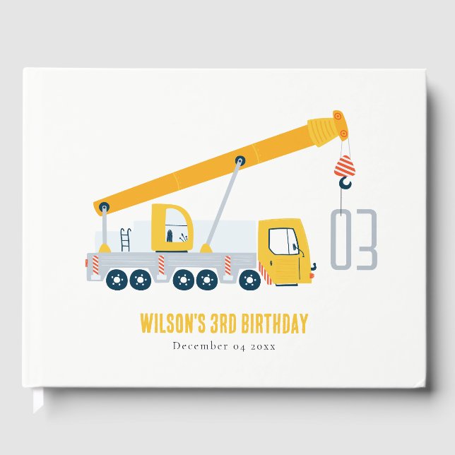 Crane Truck Construction Vehicle Kids Birthday Guest Book (Front)