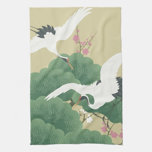Crane with Pine Tree and Plum Blossom Tea Towel (Vertical)