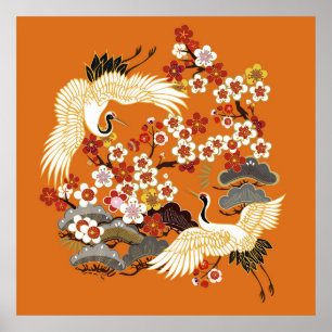 CRANES AND COLOR SAKURA. Colourful floral seamless Poster