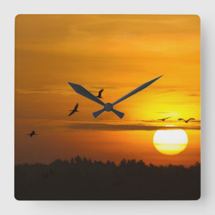 Cranes at sunrise square wall clock