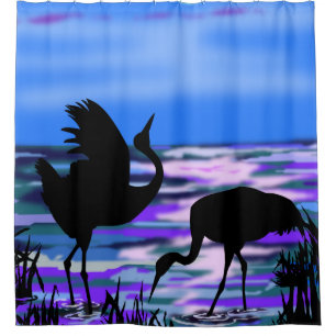 Cranes Bird Love Dance Shower Curtain Blue
