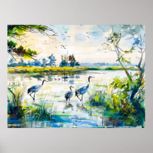 Cranes by the River Havelland Watercolor Style Poster