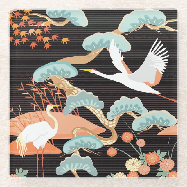 Cranes, herons: Japanese bird pattern. Glass Coaster (Front)