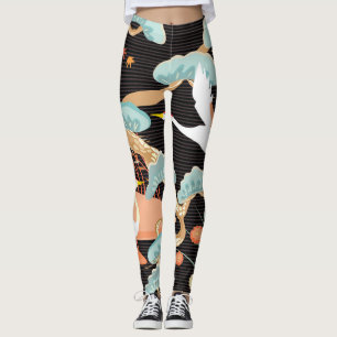 Cranes, herons: Japanese bird pattern. Leggings