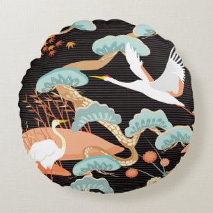 Cranes, herons: Japanese bird pattern. Round Cushion