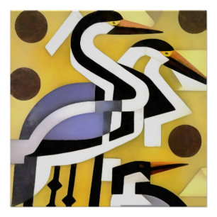 Cranes In Geometric Abstract Art Style On Yellow Poster