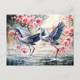 Cranes in water with floral reflections holiday postcard